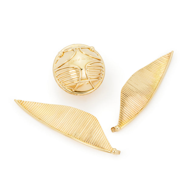 Top view of officially licensed Harry Potter Golden Snitch ring box in solid 14k yellow gold disassembled on a white background. Also available in gold plated sterling silver and platinum. 