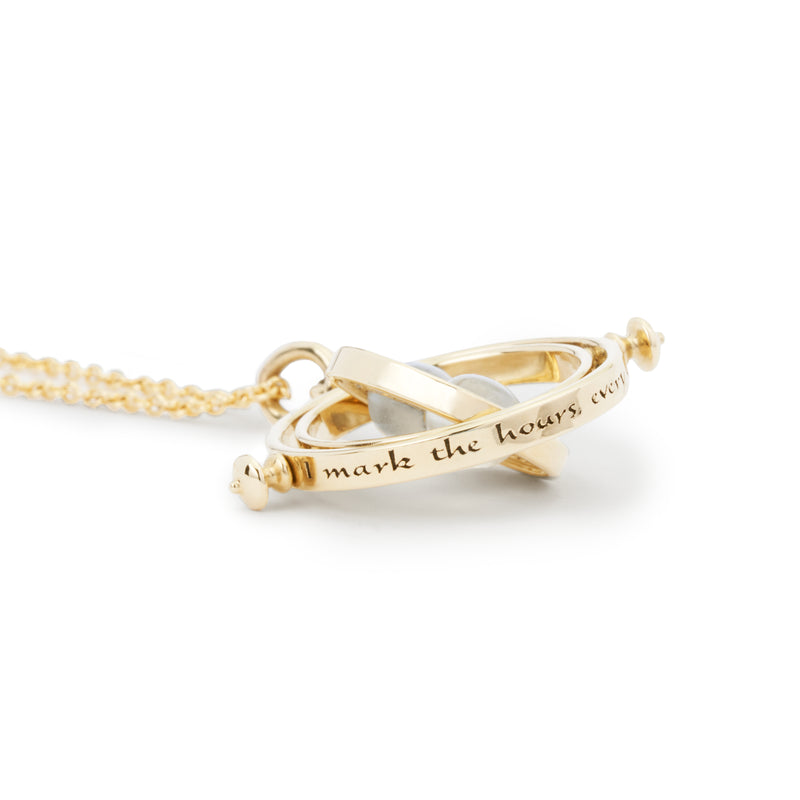 Fully spinning officially licensed Time Turner necklace made in 18k yellow gold set with diamonds and moonstone by Freeman Jewelry. Also available in 14k yellow or white gold, 18k rose gold, and platinum.