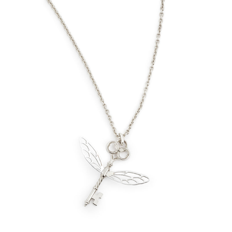 Platinum Winged key necklace, officially licensed harry potter fine jewelryOfficially licensed Harry Potter Winged Key pendant in platinum on a white background. Also available in sterling silver, 14k yellow gold, and 18k yellow gold. 