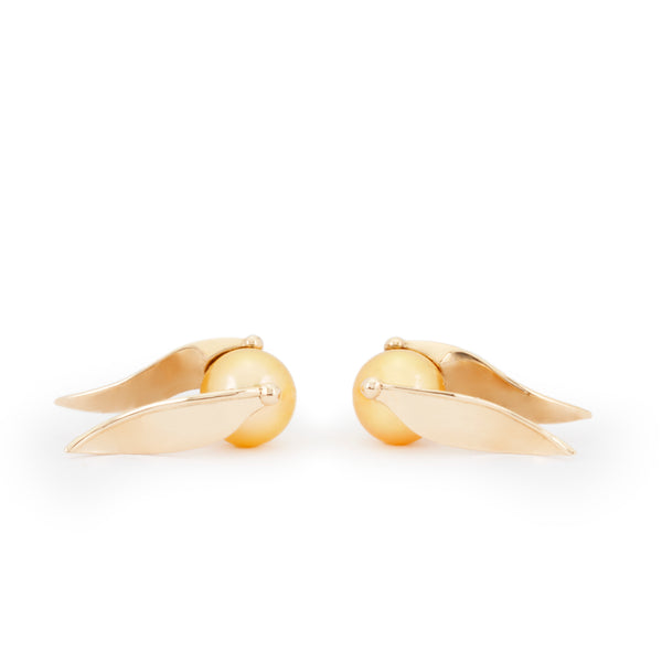 Side view of officially Licensed Harry Potter Golden Pearl Snitch Earrings in solid 14k yellow gold on a white background. Also available in solid 18k yellow gold. 