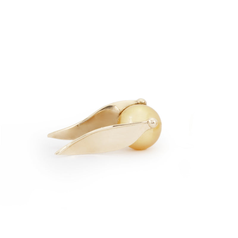 Close up of a single officially Licensed Harry Potter Golden Pearl Snitch Earring in solid 14k yellow gold on a white background. Also available in solid 18k yellow gold.