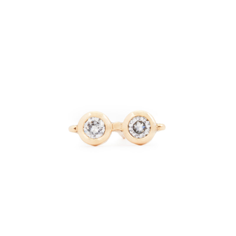 Close up front view of a single officially licensed Harry Potter Glasses Earring in solid 14k gold set with natural diamonds on a white background. Also available in sterling silver and 18k yellow gold. 
