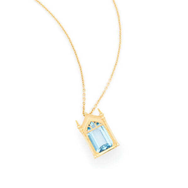 Officially licensed Harry Potter Mirror of Erised necklace in solid 14k yellow gold set with natural topaz on a white background. Also available in sterling silver, 14k white gold, 18k yellow gold, and platinum.